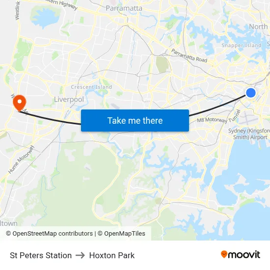 St Peters Station to Hoxton Park map