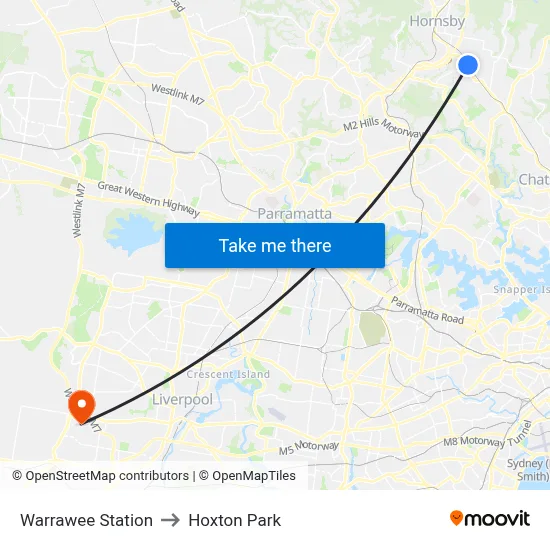 Warrawee Station to Hoxton Park map