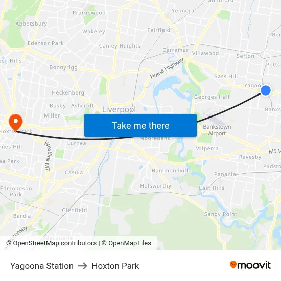 Yagoona Station to Hoxton Park map