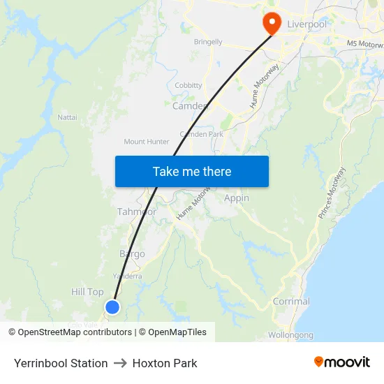 Yerrinbool Station to Hoxton Park map