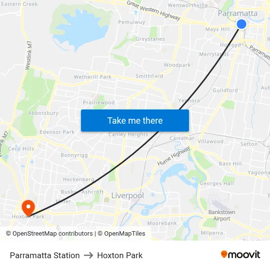 Parramatta Station to Hoxton Park map