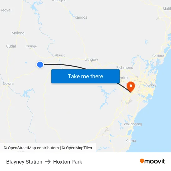Blayney Station to Hoxton Park map