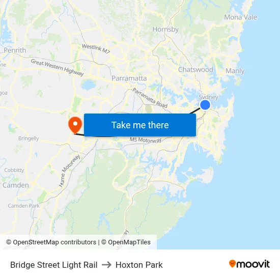 Bridge Street Light Rail to Hoxton Park map