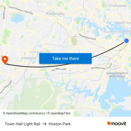 Town Hall Light Rail to Hoxton Park map