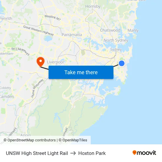 UNSW High Street Light Rail to Hoxton Park map