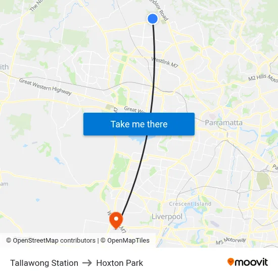 Tallawong Station to Hoxton Park map