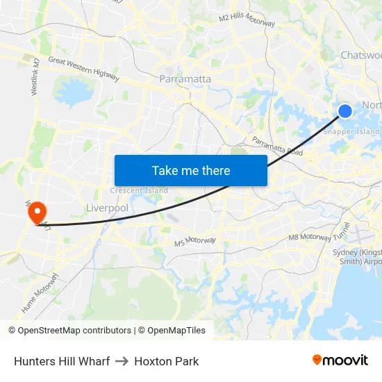 Hunters Hill Wharf to Hoxton Park map