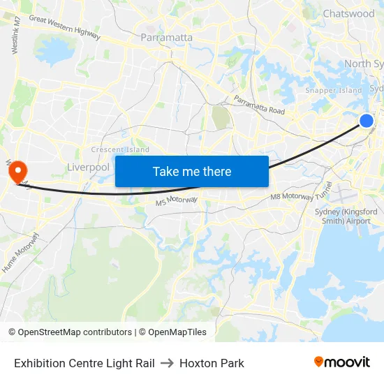 Exhibition Centre Light Rail to Hoxton Park map