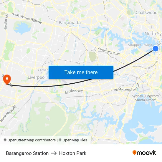Barangaroo Station to Hoxton Park map