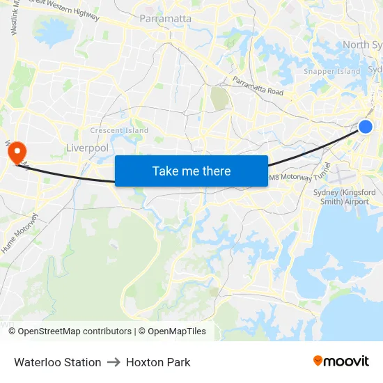 Waterloo Station to Hoxton Park map