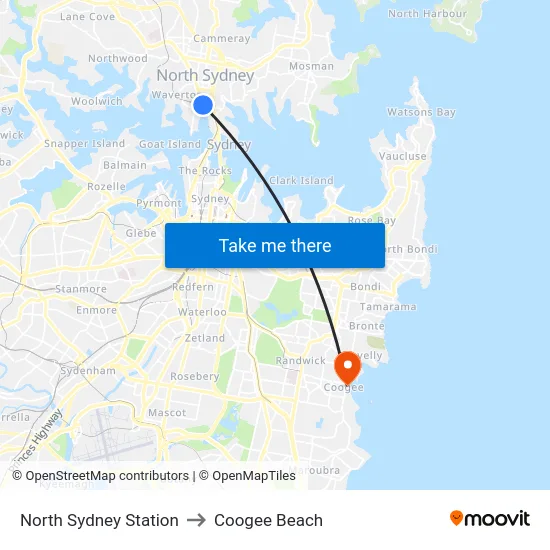 North Sydney Station to Coogee Beach map