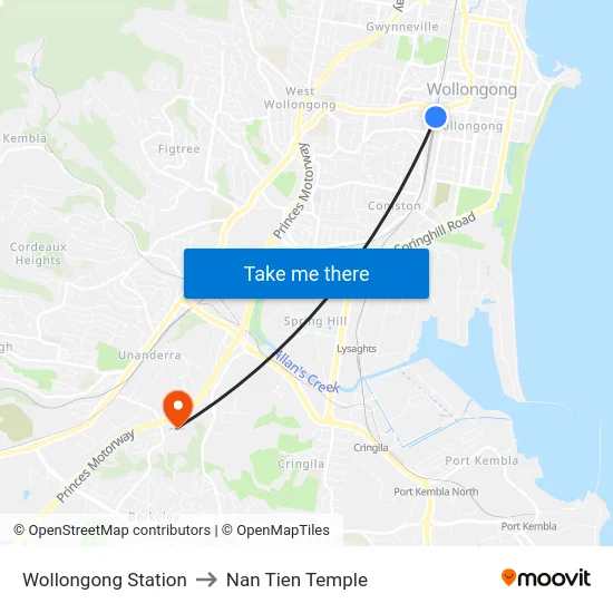 Wollongong Station to Nan Tien Temple map