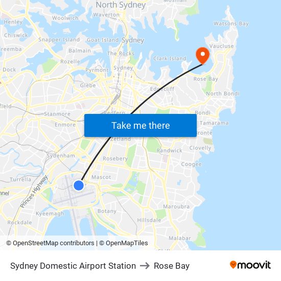 Sydney Domestic Airport Station to Rose Bay map