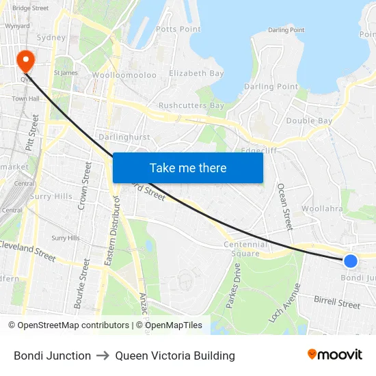 Bondi Junction to Queen Victoria Building map