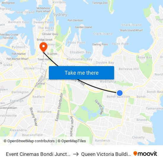 Event Cinemas Bondi Junction to Queen Victoria Building map