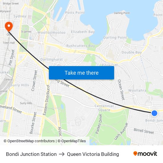Bondi Junction Station to Queen Victoria Building map