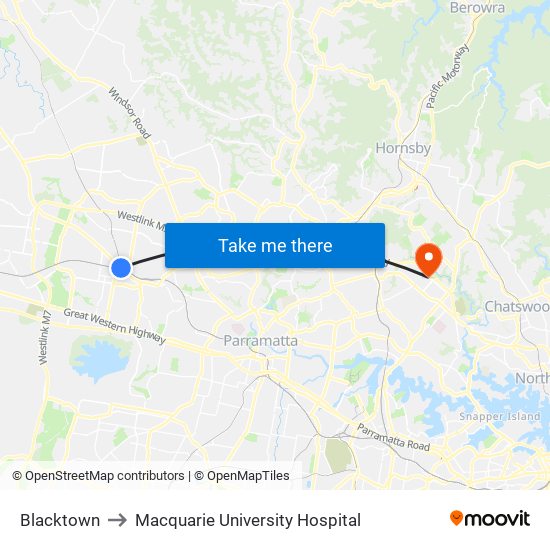 Blacktown to Macquarie University Hospital map