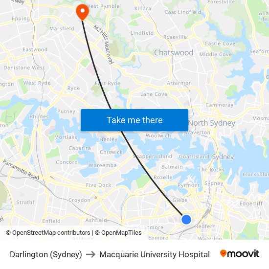 Darlington (Sydney) to Macquarie University Hospital map