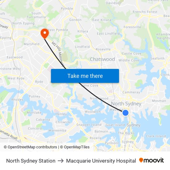 North Sydney Station to Macquarie University Hospital map