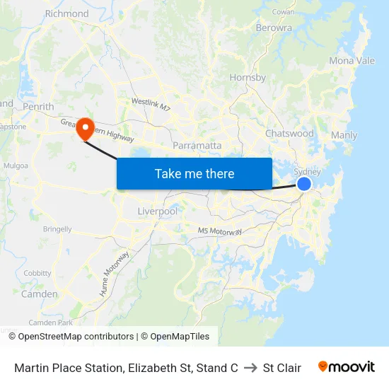Martin Place Station, Elizabeth St, Stand C to St Clair map