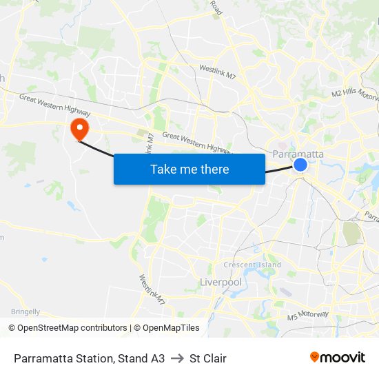 Parramatta Station, Stand A3 to St Clair map