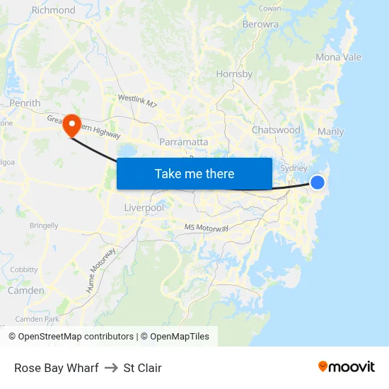 Rose Bay Wharf to St Clair map