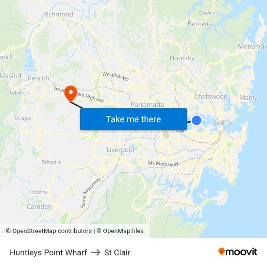Huntleys Point Wharf to St Clair map