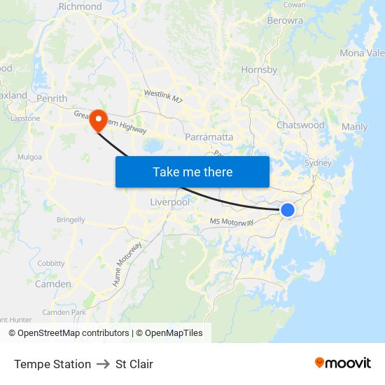 Tempe Station to St Clair map