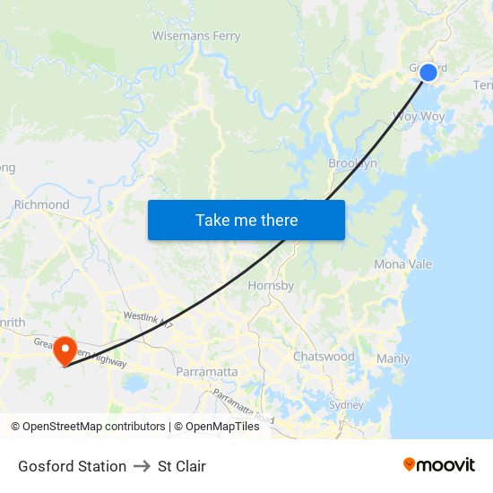 Gosford Station to St Clair map