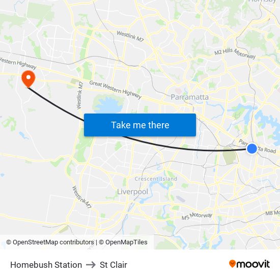 Homebush Station to St Clair map