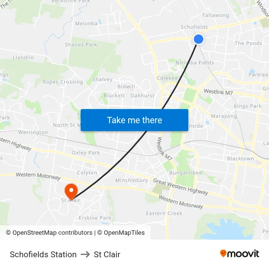 Schofields Station to St Clair map
