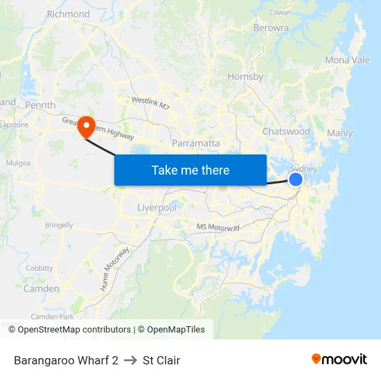 Barangaroo Wharf 2 to St Clair map
