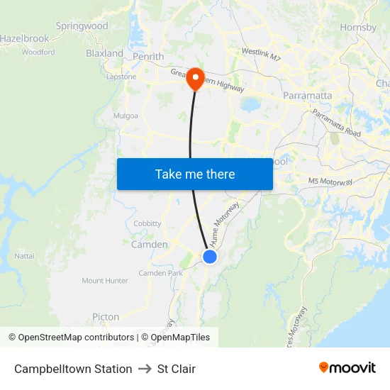 Campbelltown Station to St Clair map