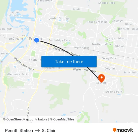 Penrith Station to St Clair map