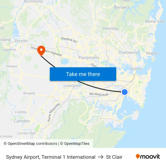 Sydney Airport, Terminal 1 International to St Clair map