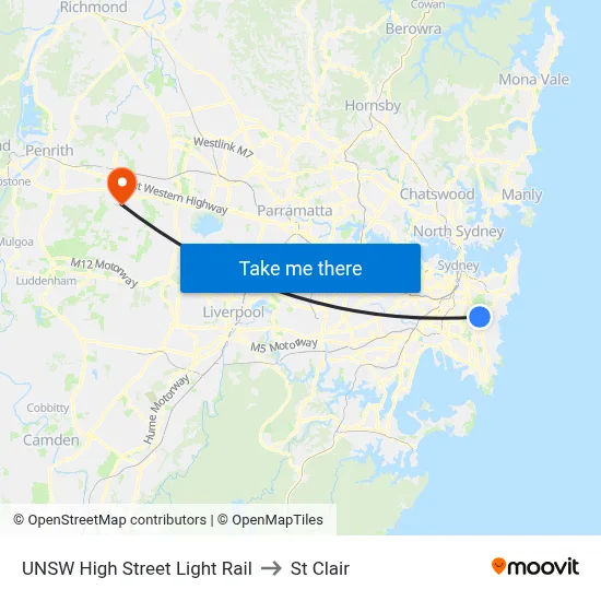 UNSW High Street Light Rail to St Clair map