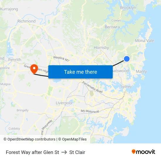 Forest Way after Glen St to St Clair map