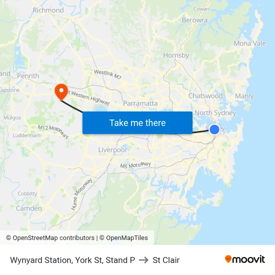 Wynyard Station, York St, Stand P to St Clair map