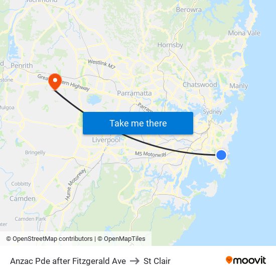 Anzac Pde after Fitzgerald Ave to St Clair map