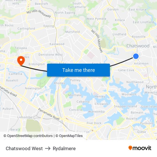 Chatswood West to Rydalmere map