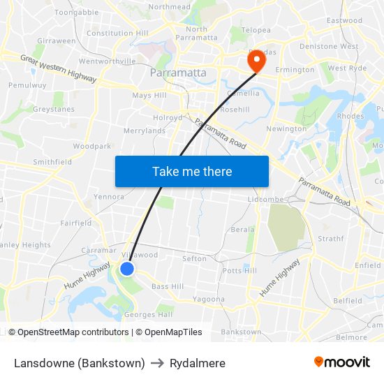 Lansdowne (Bankstown) to Rydalmere map