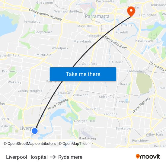 Liverpool Hospital to Rydalmere map