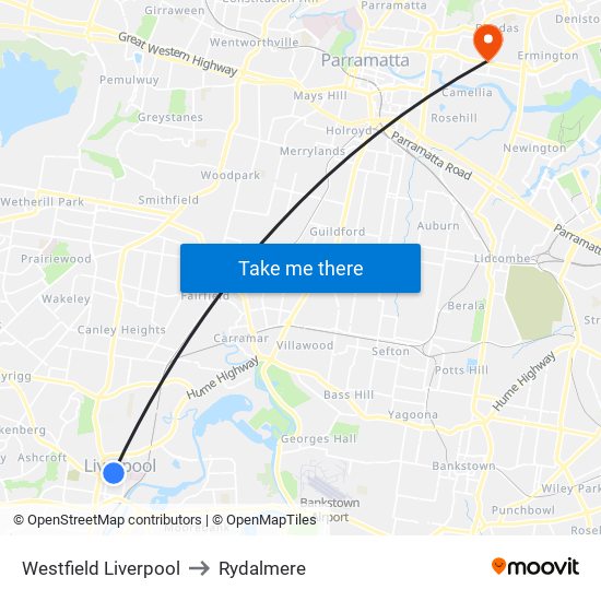 Westfield Liverpool to Rydalmere map
