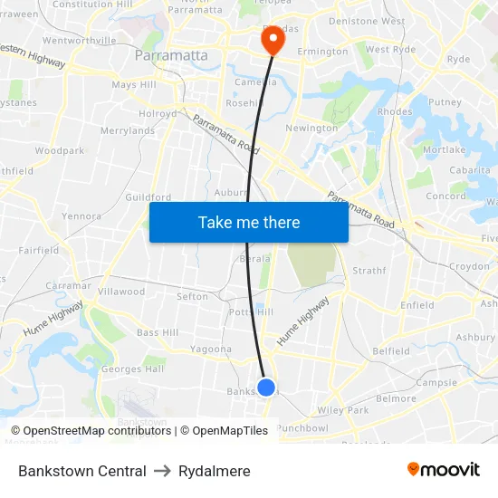 Bankstown Central to Rydalmere map