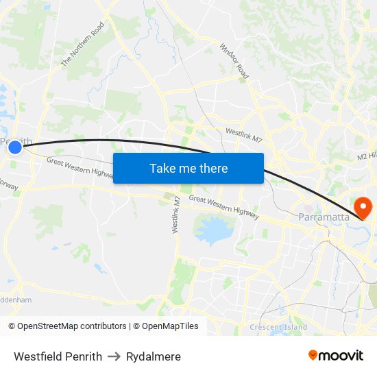 Westfield Penrith to Rydalmere map