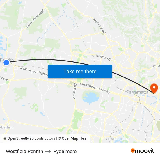 Westfield Penrith to Rydalmere map