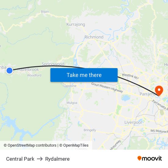 Central Park to Rydalmere map