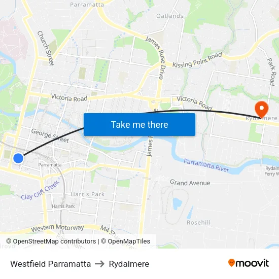 Westfield Parramatta to Rydalmere map