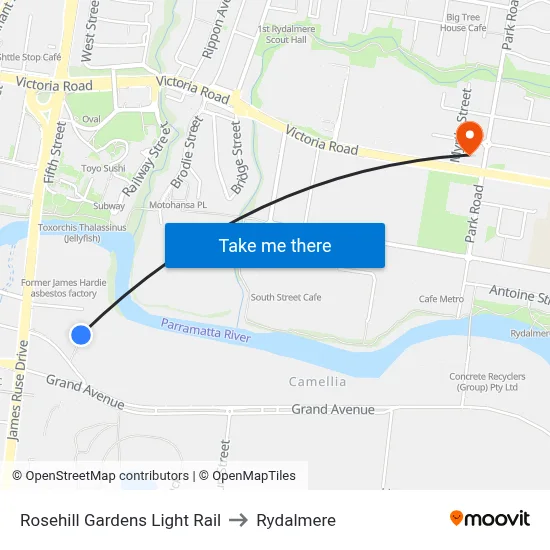 Rosehill Gardens Light Rail to Rydalmere map