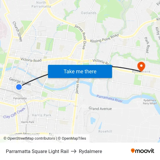 Parramatta Square Light Rail to Rydalmere map